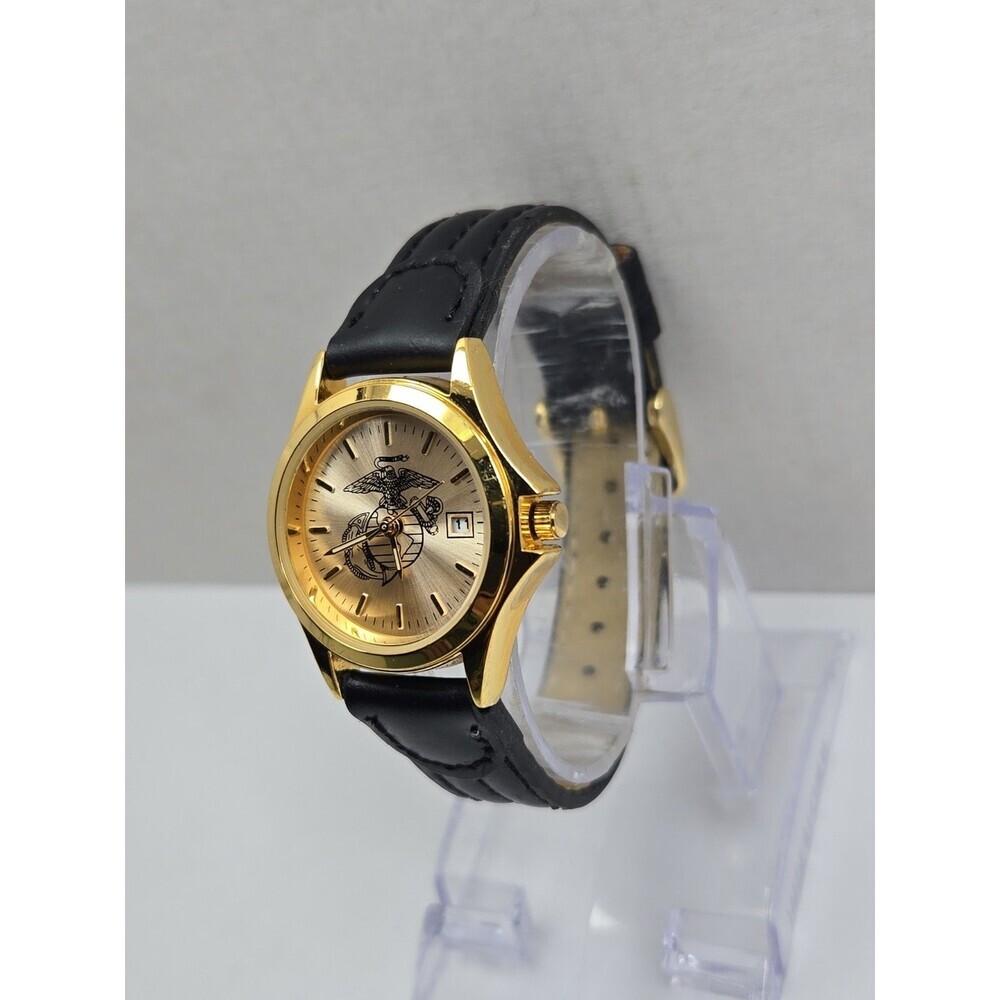 USMC Marine Corps EGA Gold Tone Womens Quartz Date Watch 29 MM Black New Battery - Picture 2 of 12